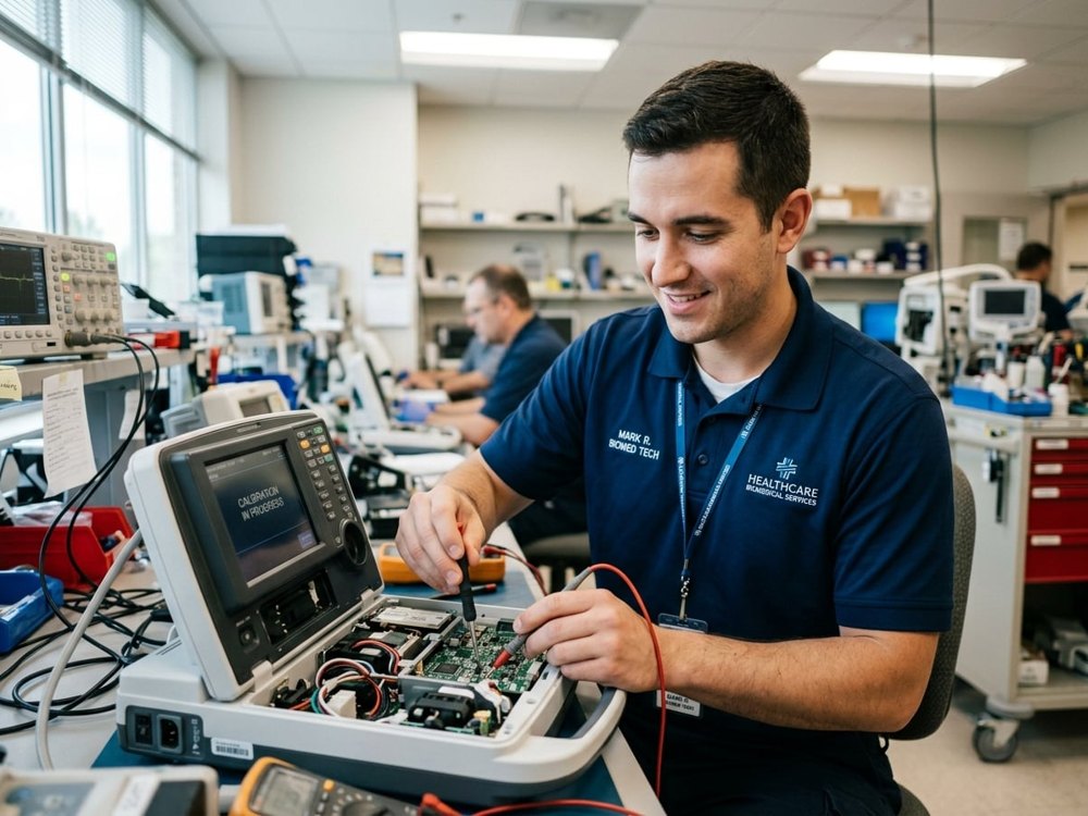 Young professional biomedical technician repairing medical equipment