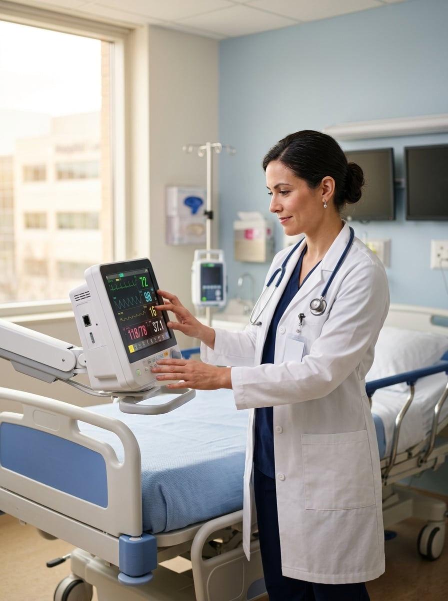Medical professional operating a patient monitoring system in a modern hospital patient room